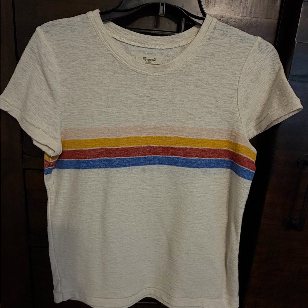 Madewell Retro rainbow inspired Cream Tee with Mustard, Rust & Blue Stripes sz M